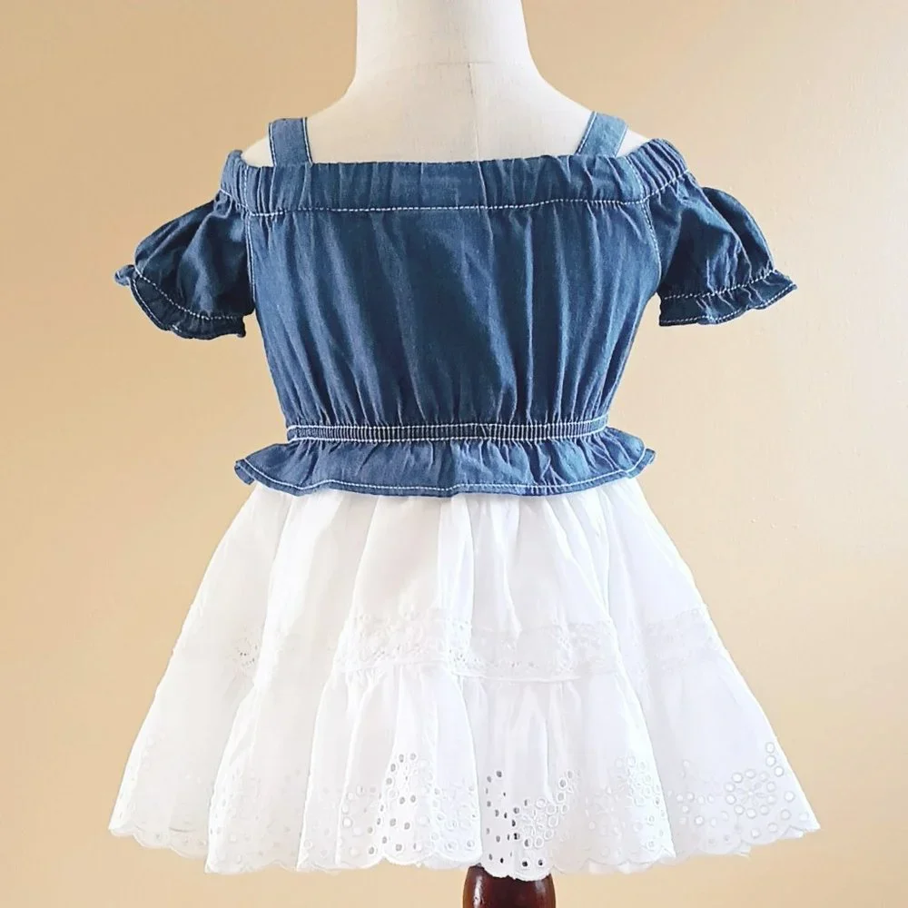 Calvin Klein Denim & Eyelet Peplum Dress 12M White Off Shoulder Peasant